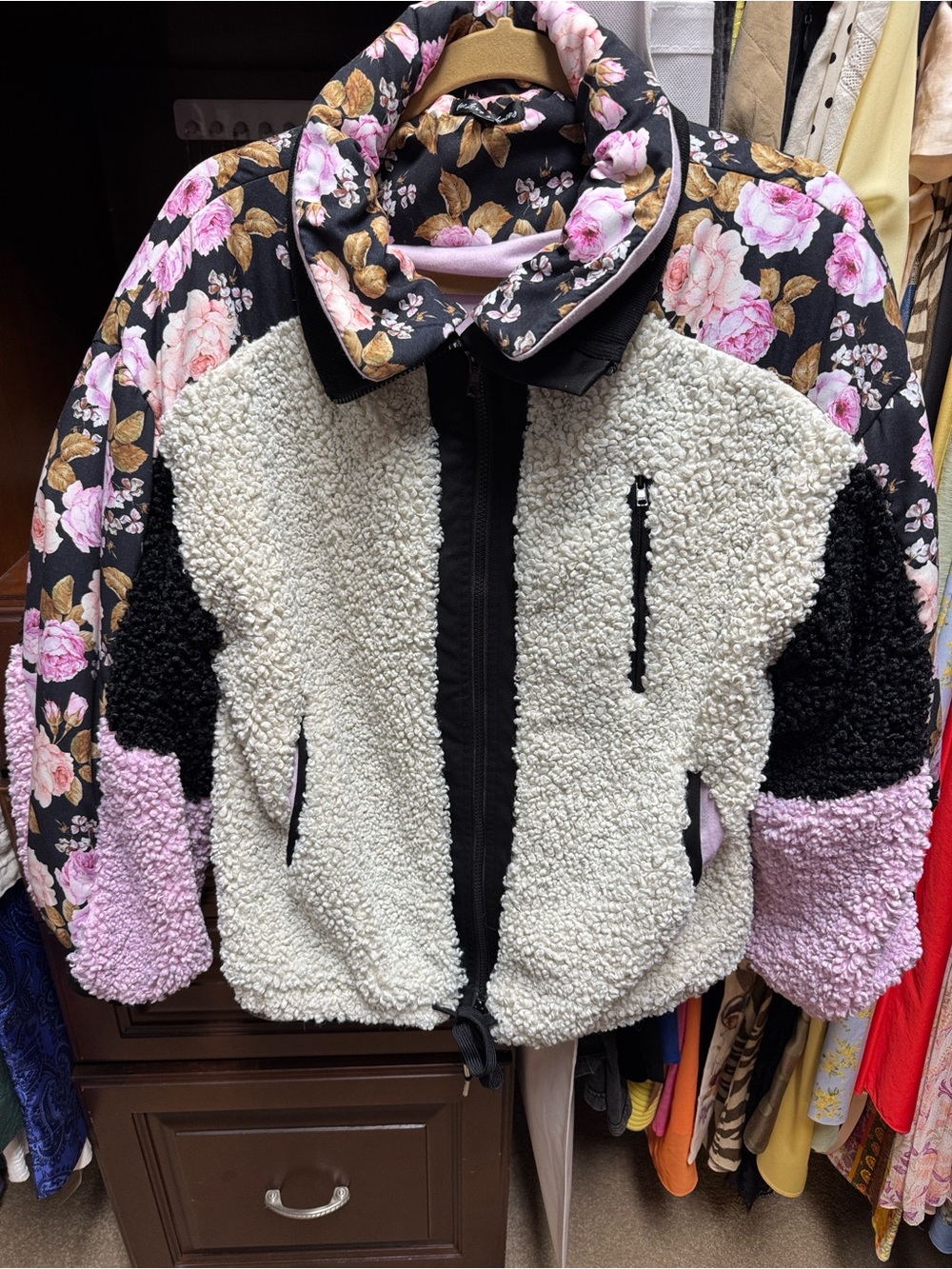 For Love & Lemons Black Floral Sherpa Jacket with Cream and Pink Accents